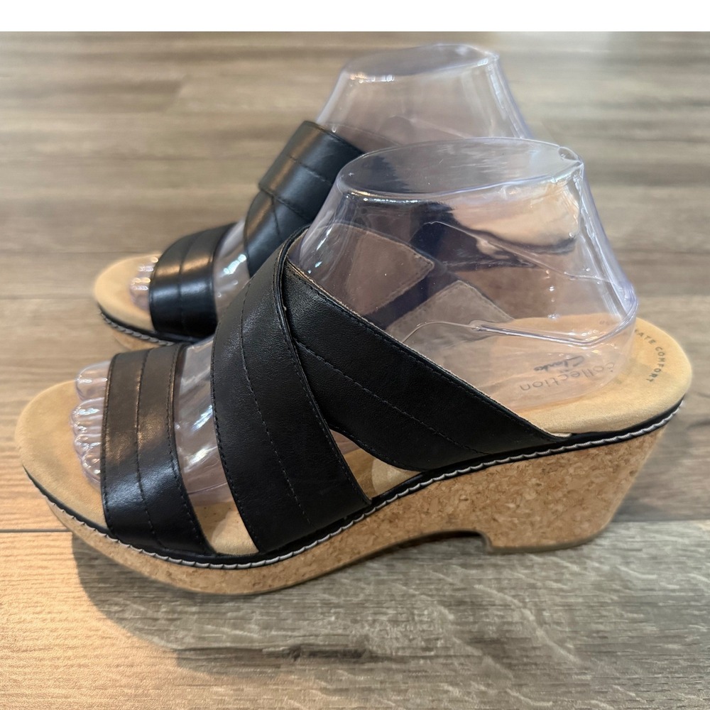 Clarks Collection Womens Black Leather Cork Wedge Sandals Size 10‎ M